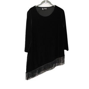 Chicos Travelers 1 M Black Velvet Asymmetric Fringe Top Dressy 3/4 Sleeve Formal